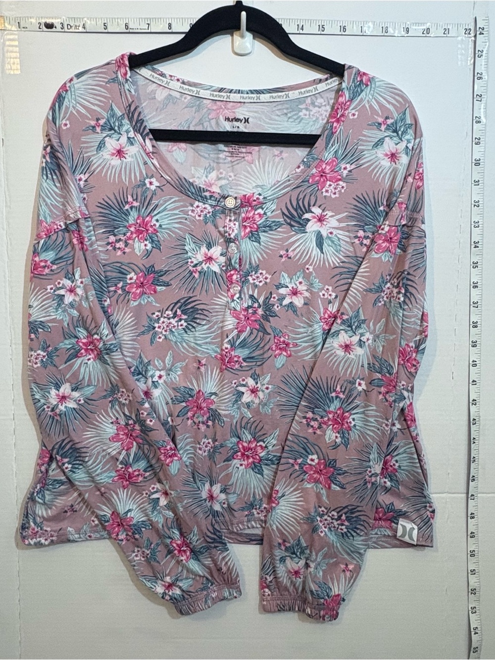 Hurley Pink Floral Long Sleeve Henley Top with Teal Accents